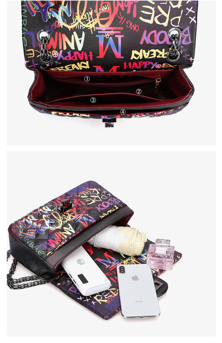 Sh1654 Retro Designer Fashion Graffiti Bags Women Handbag Purses Vintage PU Leather Chain Shoulder Bag