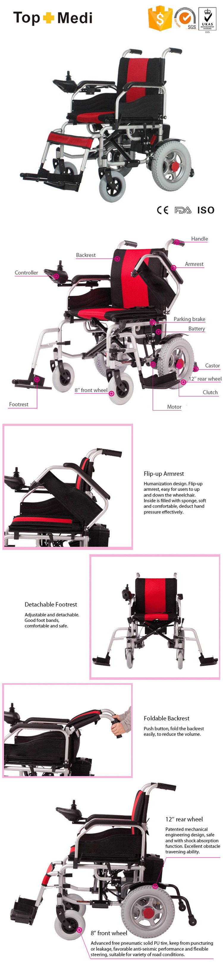 Topmedi Folding Automatic Power Electric Motor Wheelchair for Handicapped Disabled People