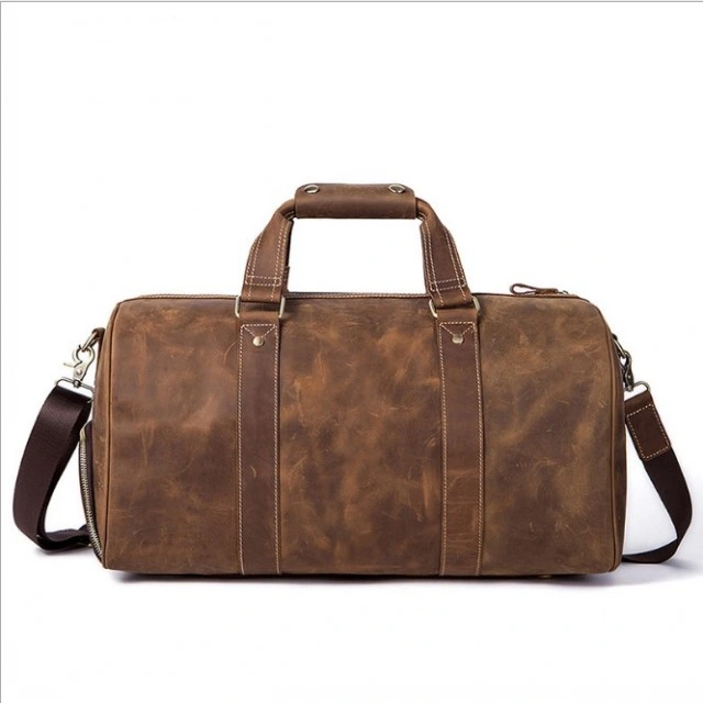 Custom Logo Genuine Full Grain Leather Tote Bag Mens Character Luggage Travel Bag Duffle Bag