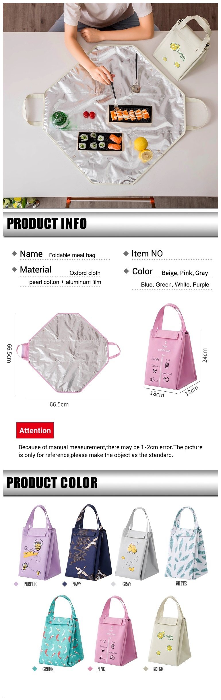 Foldable Tote Insulated Cooler Lunch Box with Front and Rear Pockets for School