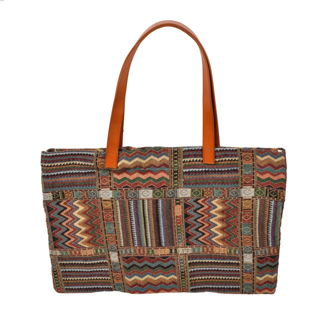 Large Capacity Jacquard Stripe Canvas Girl Beach Tote Bag with Leather Handles (RS200611)