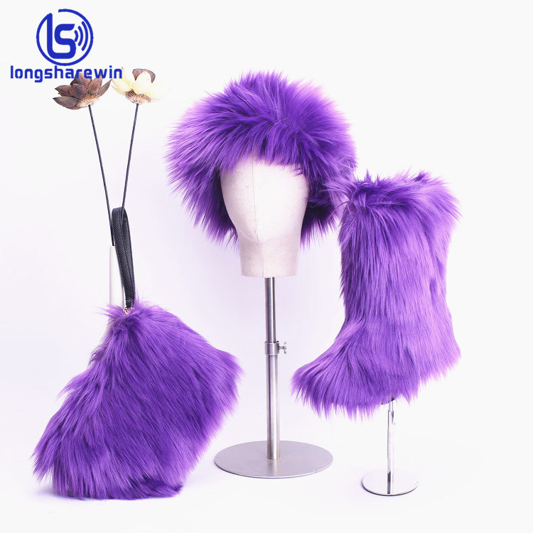 Winter Women Shoes Fur Headband Ladies Faux Fur Boots with Fur Purse and and Headband