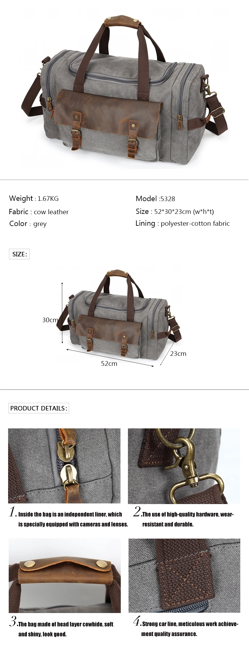 Canvas Leather Outdoor Luggage Vintage Canvas Travel Large Duffle Bag