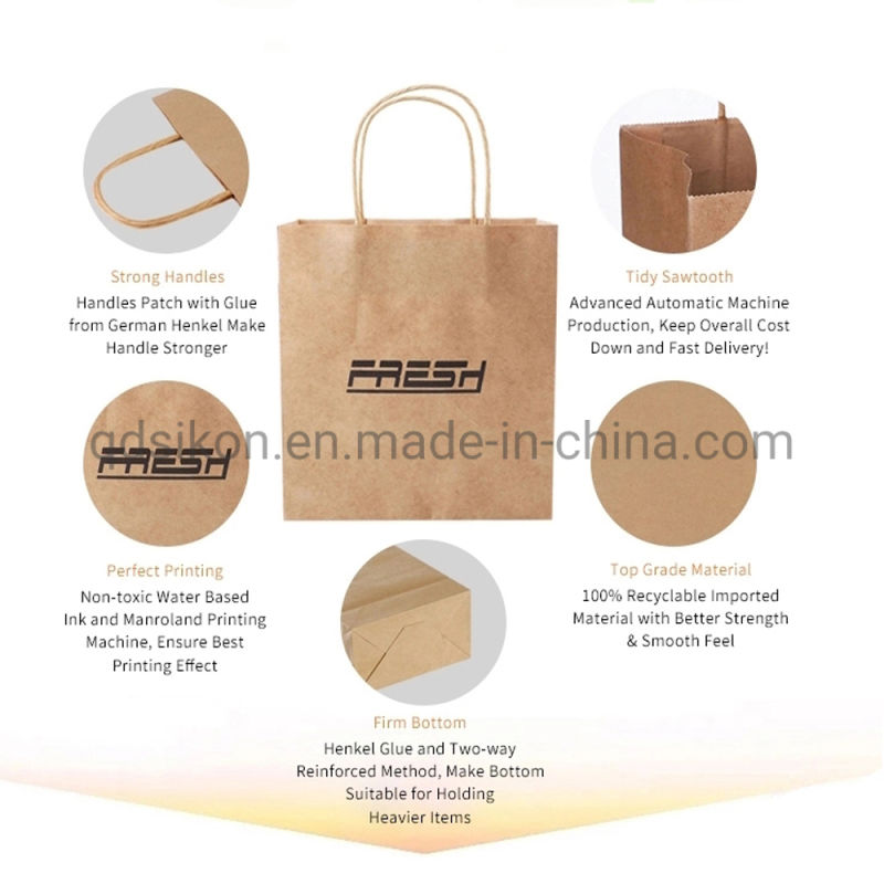 Logo Printed Brown & White Paper Gift Shopping Bag with Handle