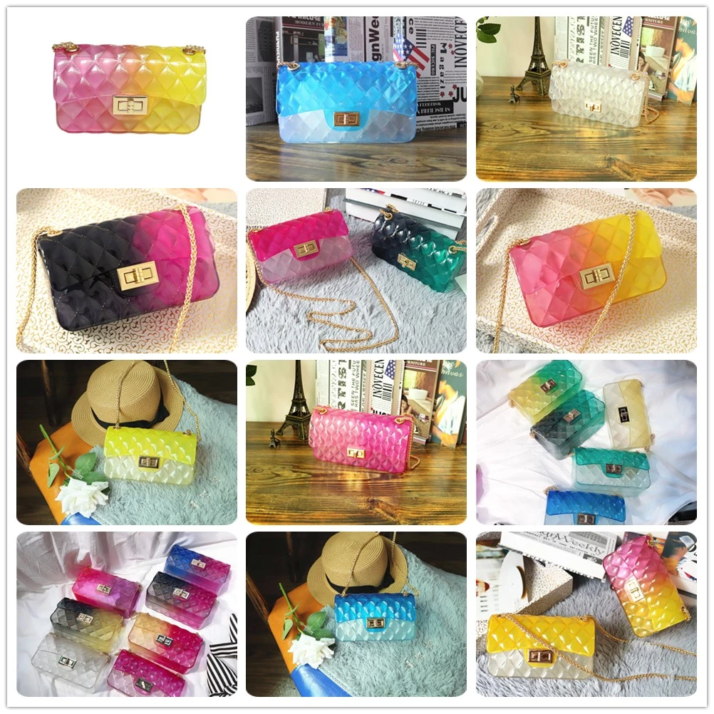 on Sale Trend Fashion Rainbow Gradient PVC Bags Jelly Bag with Popular Shoe Real Fur Slides and Handbag Sets