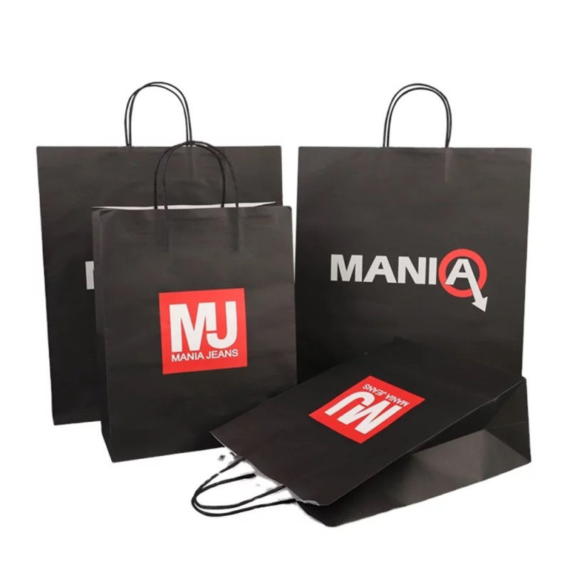 Custom Logo Retail Clothing Black Paper Gift Bag Shopping Tote