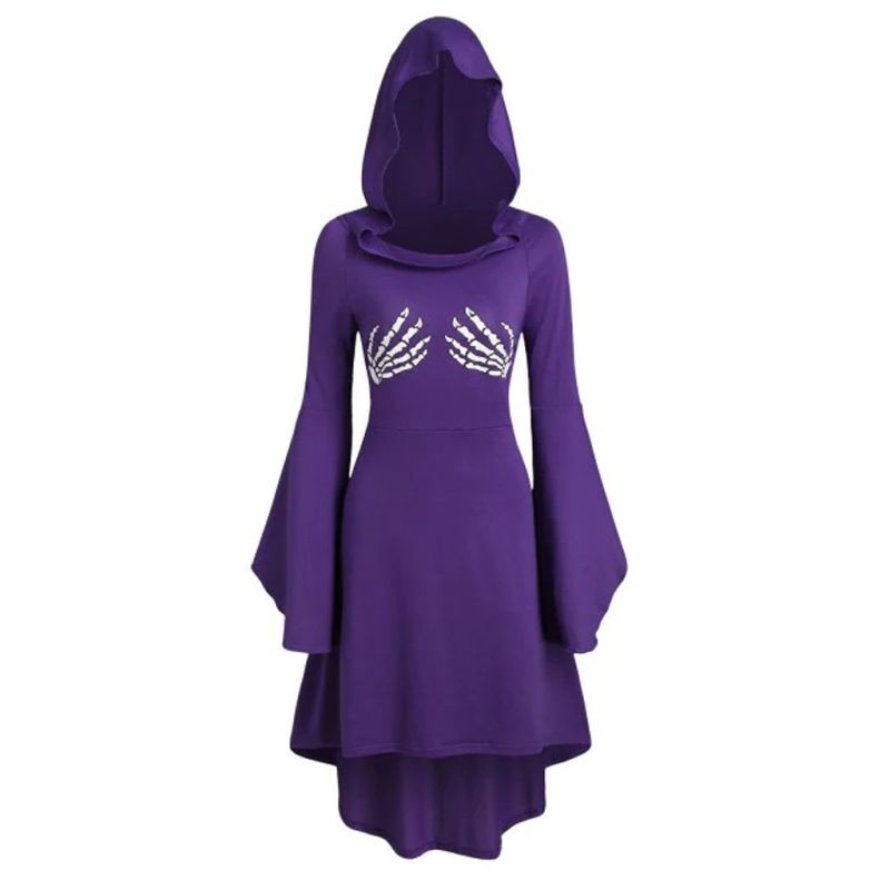 New Halloween Large Size Hooded Strap Skull Hand Printed Spoof Dress