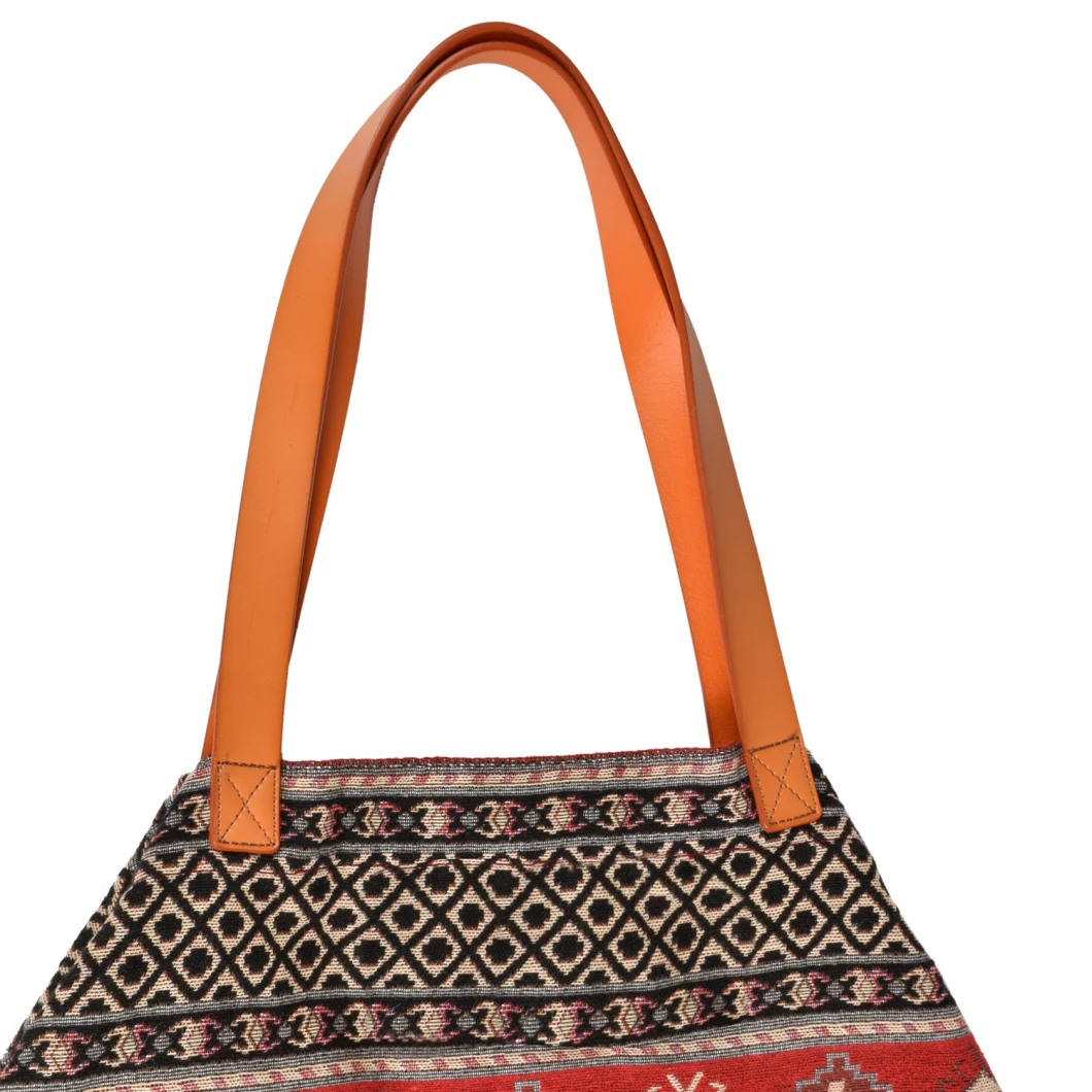 Large Capacity Jacquard Stripe Canvas Girl Beach Tote Bag with Leather Handles (RS200611)