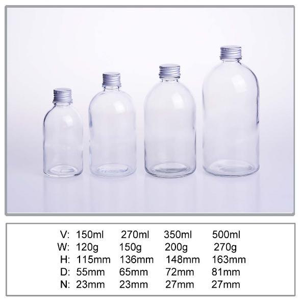 Boston Round Juice Glass Bottle with Aluminium Cap 150ml 250ml 350ml 500ml