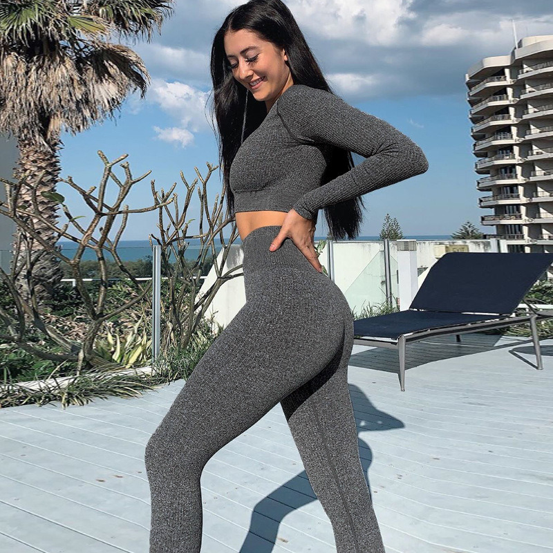 The New Autumn New Round Neck Long Sleeve Short T-Shirt Yoga Leggings Two-Piece Suit