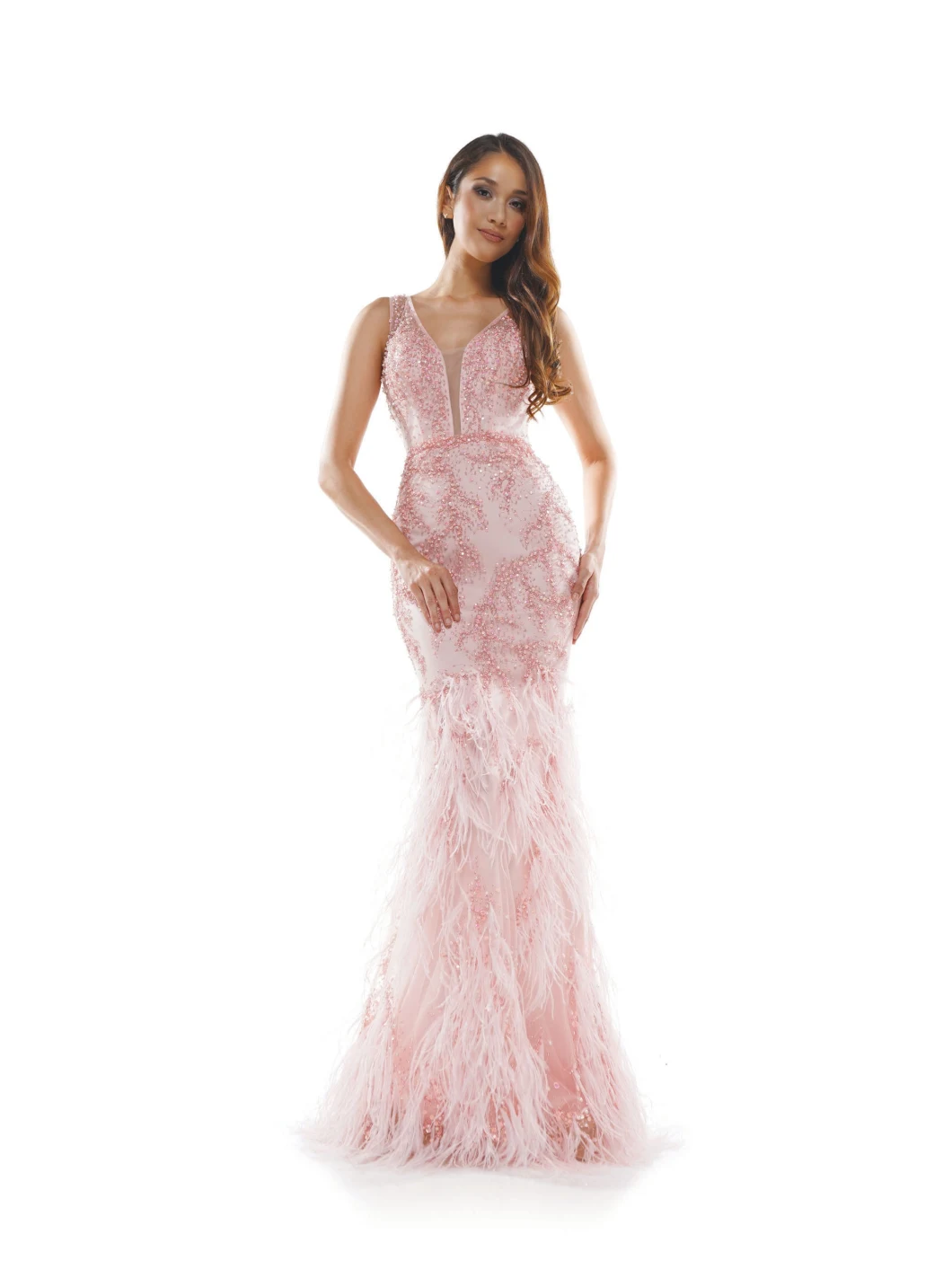 Luxuxkristall, der rosafarbenes Partei-Kleid-Nixe-Feder-Abschlussball-Abend-Kleid bördelt