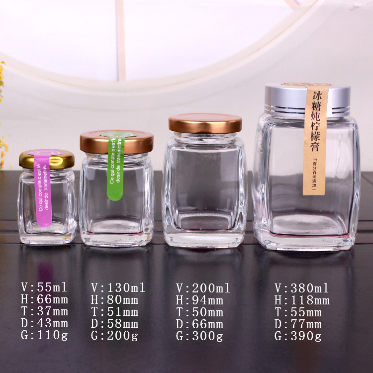 Wholesale 50ml 100ml 200ml 350ml Square Shape Empty Clear Glass Jam Honey Food Jar with Tin Lid