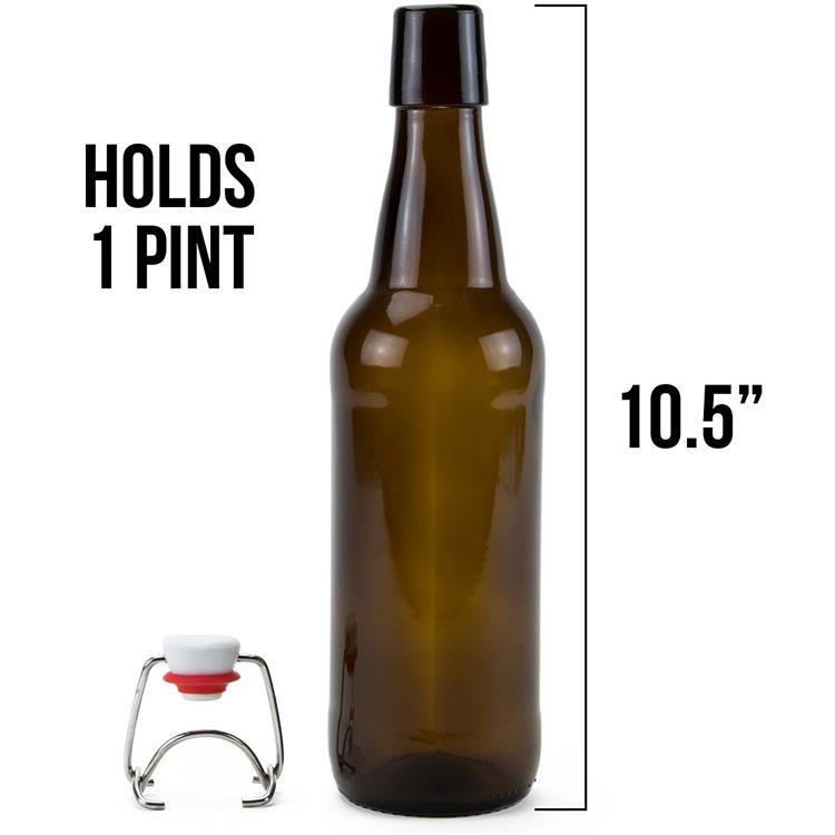 Home Brewing Glass Beer Bottle with Easy Wire Swing Cap Airtight Rubber Seal Amber 16 Oz