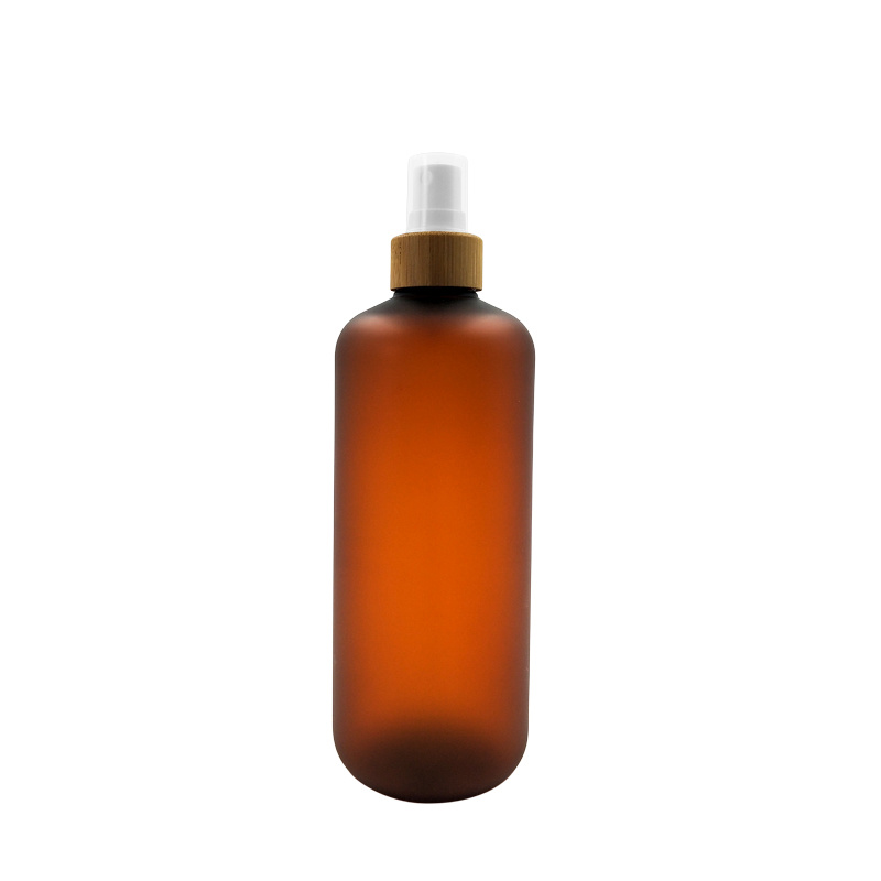 Amber Frosted Plastic Bottle with Lotion Bamboo Pump