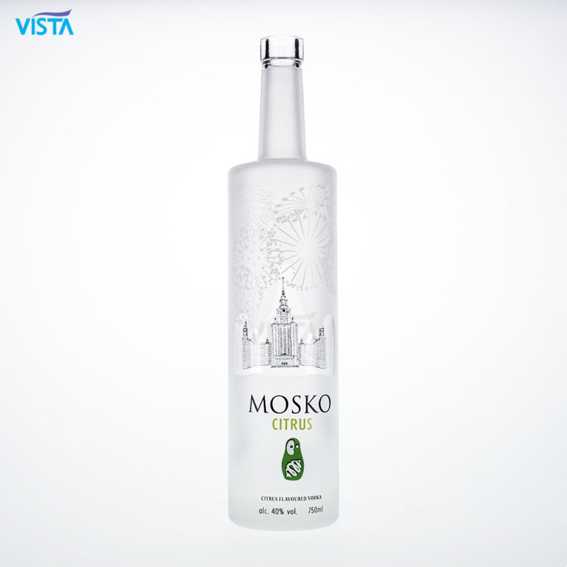 Decorative Clear 750ml Frosted Vodka High Flint Glass Bottle with Cork as Custom Made