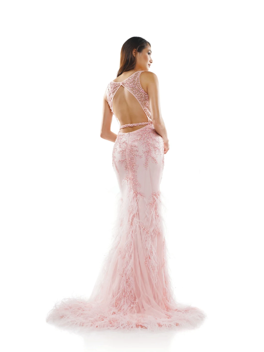 Luxuxkristall, der rosafarbenes Partei-Kleid-Nixe-Feder-Abschlussball-Abend-Kleid bördelt