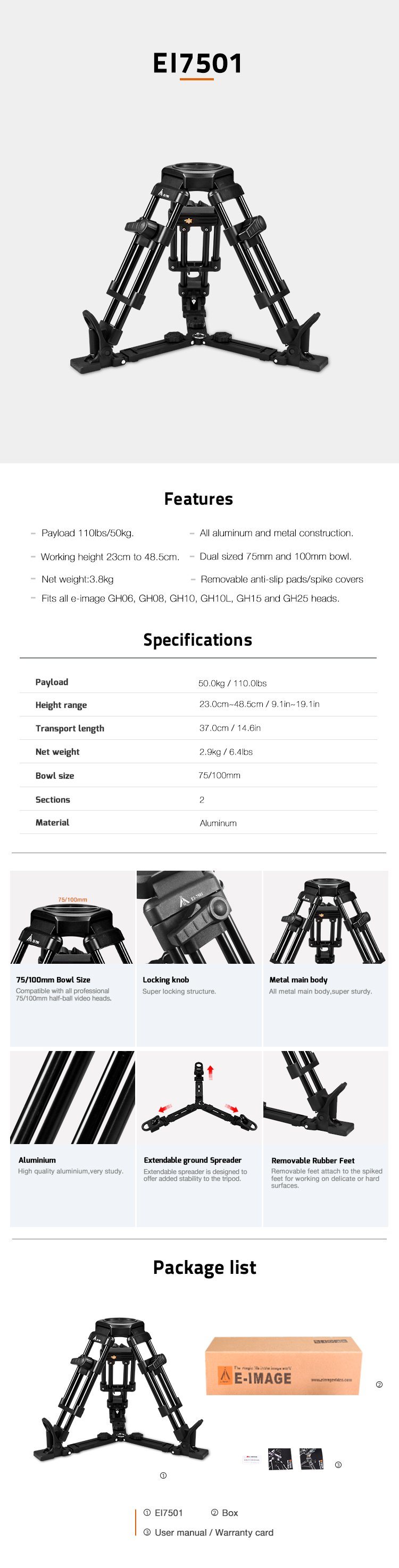 E-Image 50kg Payload 75/100mm Bowl One Stage Aluminum Baby Tripod (EI7501)