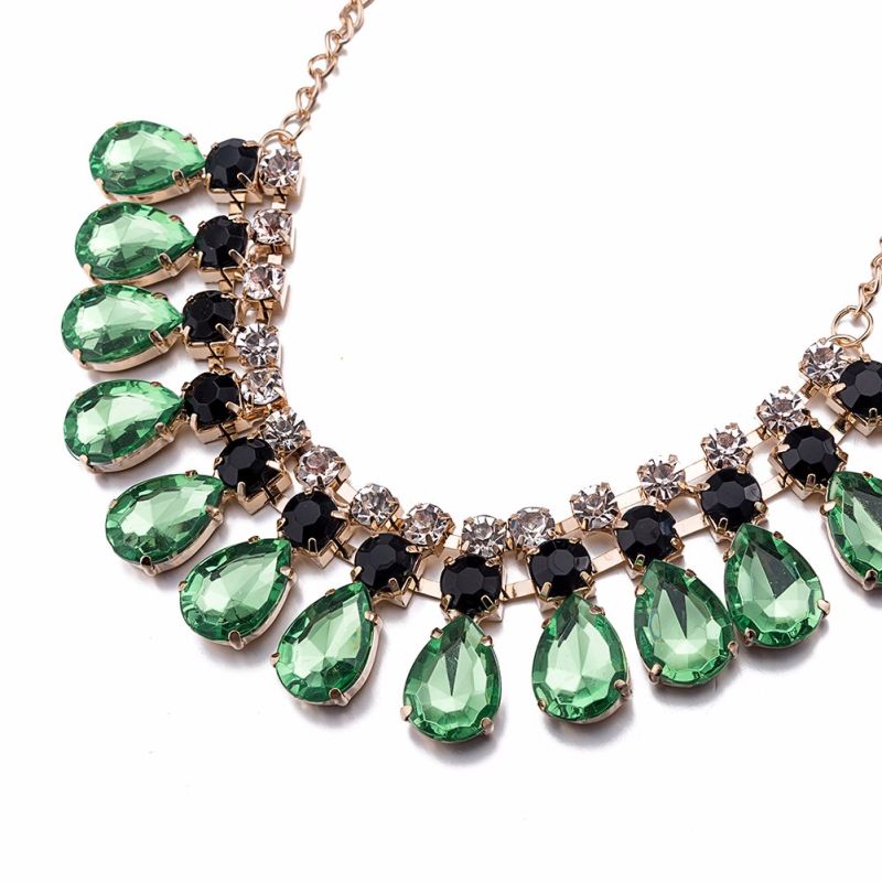 Glass Stone Women Crystal Necklace Green Crystal Water Shape Necklace