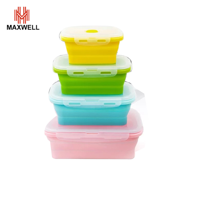 18.5*12*3cm 770ml 194G Rectangle Sealed Leakproof Green/Pink/Blue Silicone Folding Stackable Food Lunch Box