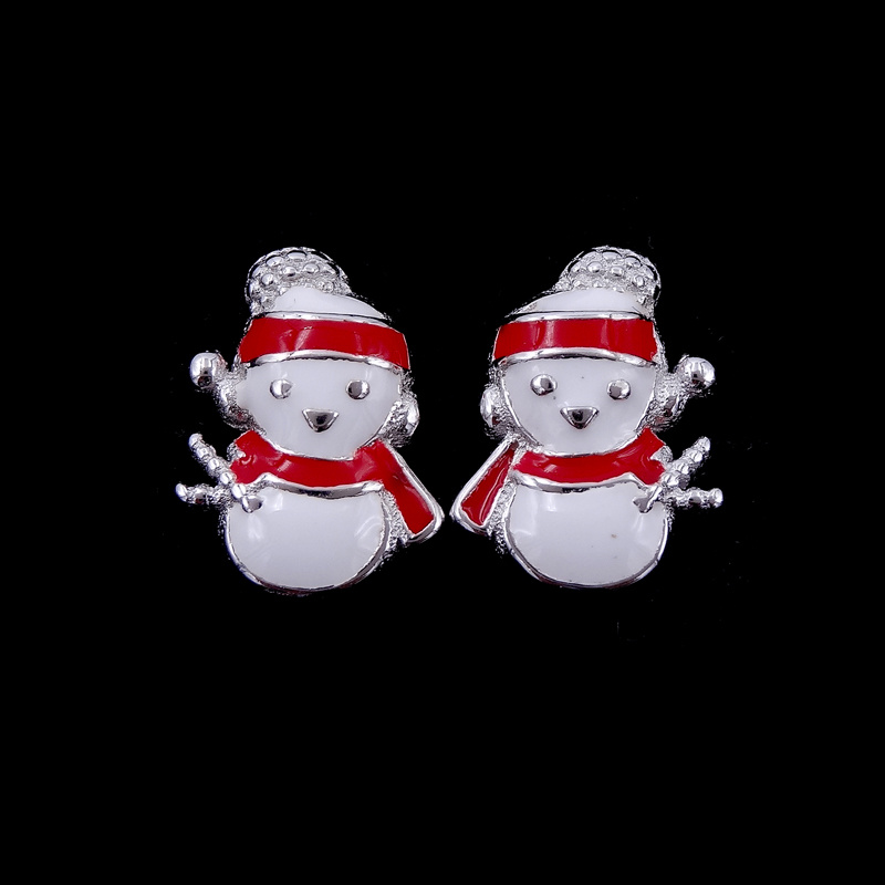 Red White Epoxy Children Jewellery Plated Rhodium Silver Smile Snowman Earrings