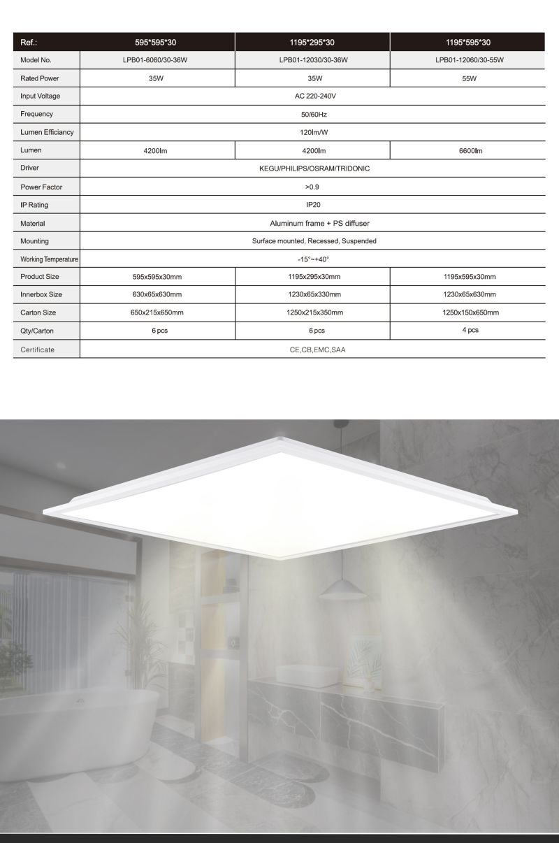 30~36W 3600lm/W 595*595 Office Hospital Supermarket Surface Mounting LED Panel Light