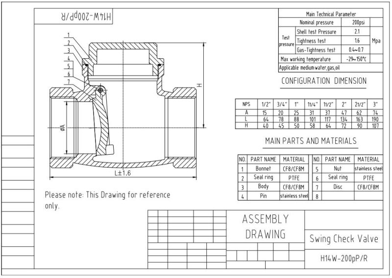 ASTM A351 CF8m Check Valve, 3/4 Inch, Pn16, API 598