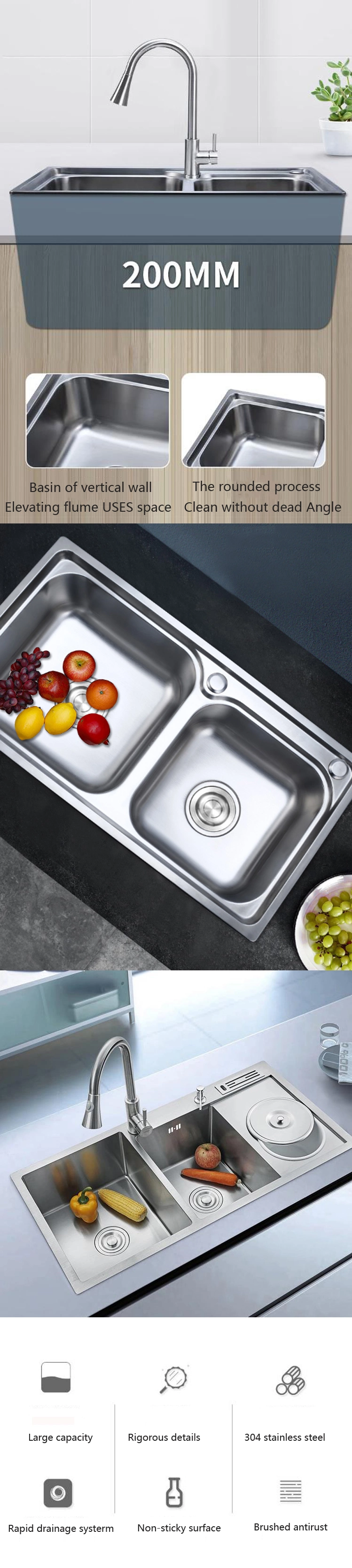 Custom 304 Stainless Steel Sink Single Bowl Sink Double Bowl Sink with Drainpipes