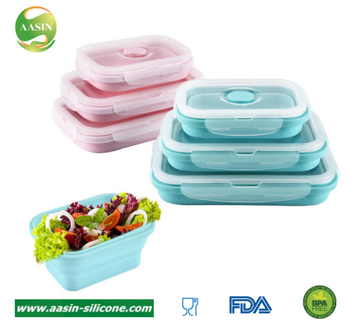 Silicone Lunch Box Pink Blue 3 Sizes Foldable