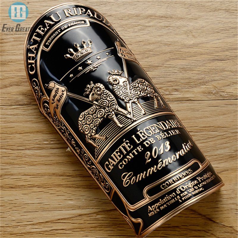 Manufacturer Custom Made Embossed Metal Self Adhesive Pewter Wine Labels Metal Logo