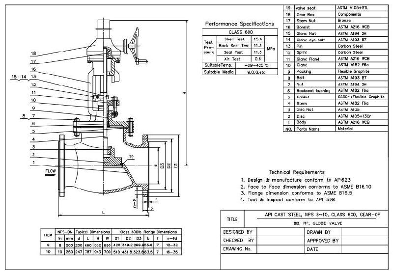 ASTM A216 Wcb Globe Valve, 8 Inch, Class 600, API 598, RF