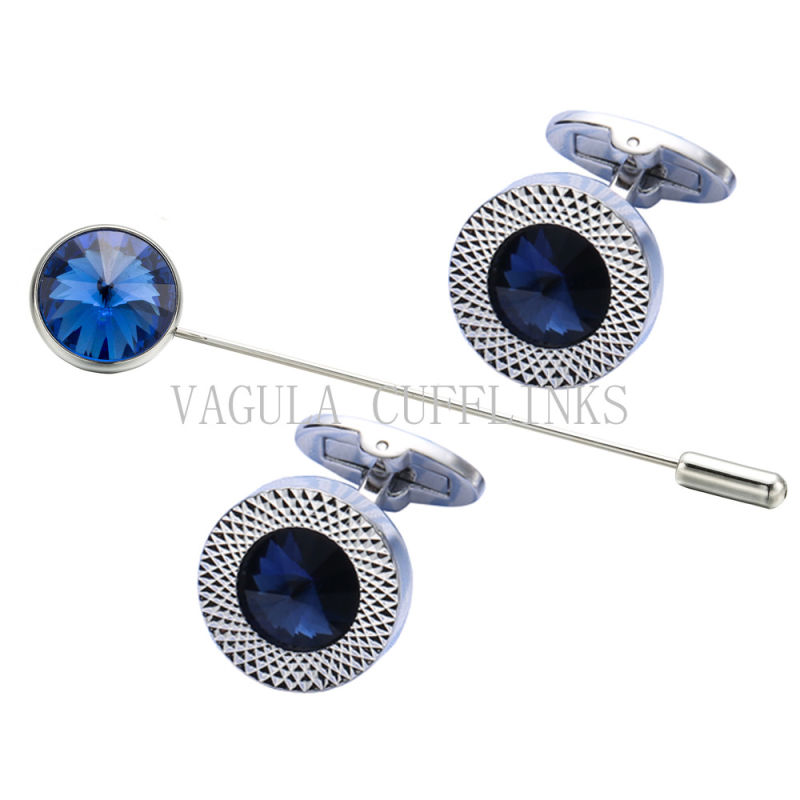 VAGULA Saphire Round Zircon Tie Pin and Blue Crystal Cuff Link 732