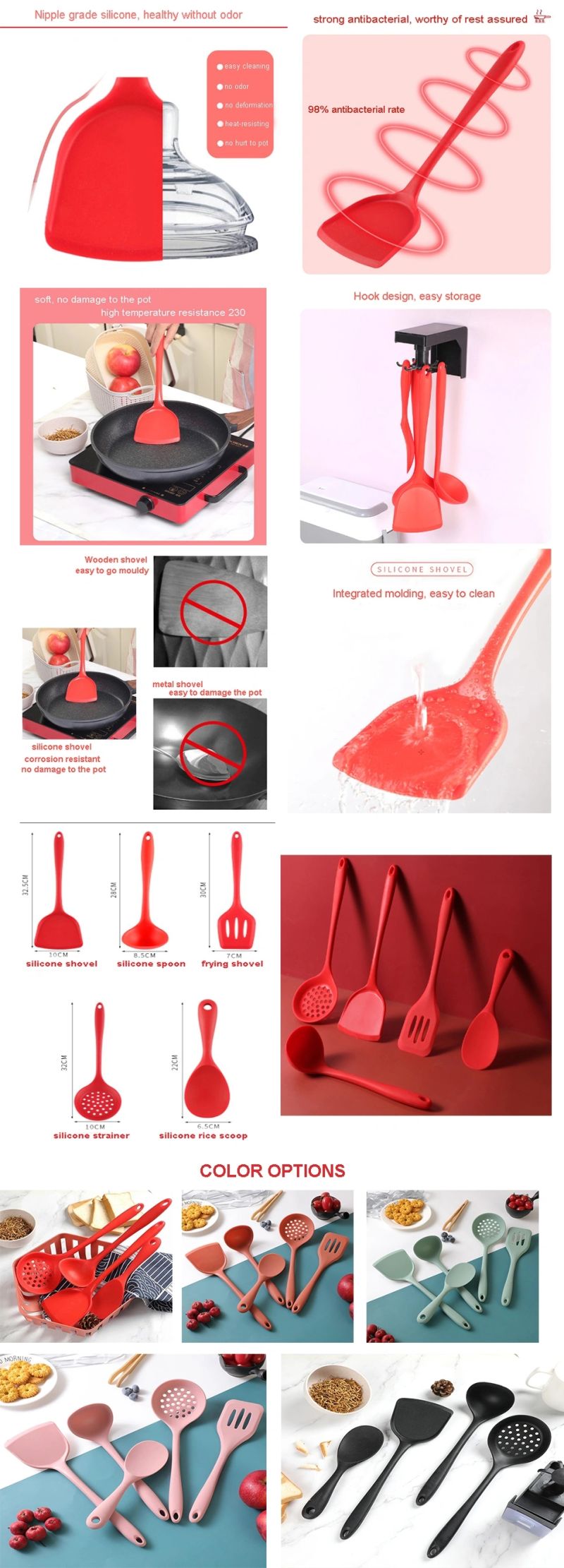 Custom Molded Colorful Silicone Kitchenware Set/Silicon Shovel/Silicone Spoon