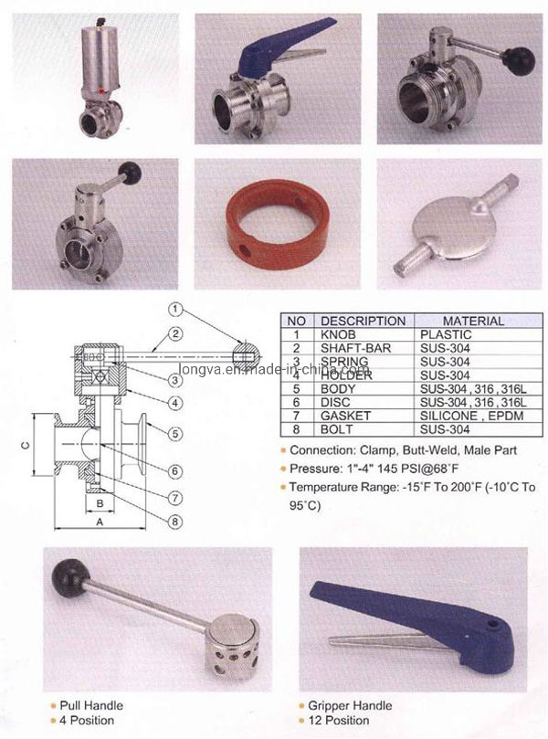 DN50 Sanitary Stainless Steel Manual Butterfly Valve with Silicone Seal and Trigger Handle