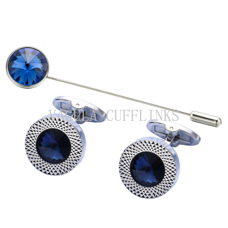 VAGULA Saphire Round Zircon Tie Pin and Blue Crystal Cuff Link 732