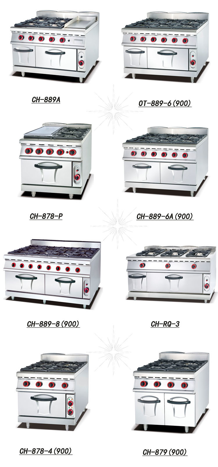 Commercial Gas Range with 4-Burner & Lava Rock Grill & Gas Oven