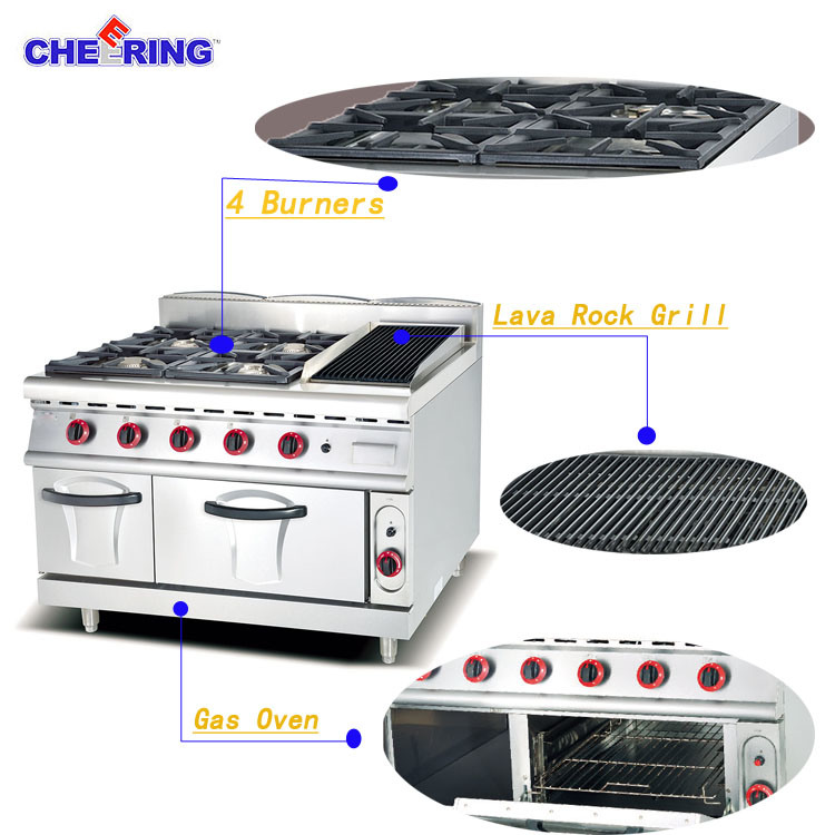 Commercial Gas Range with 4-Burner & Lava Rock Grill & Gas Oven