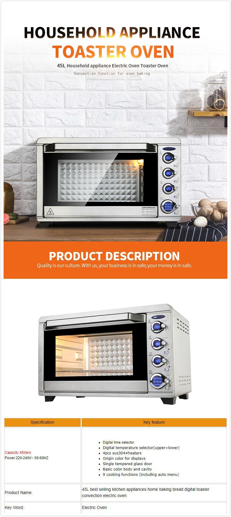 45L Hot Selling Microwave Baking Bread Home Grill Toaster Electric Oven