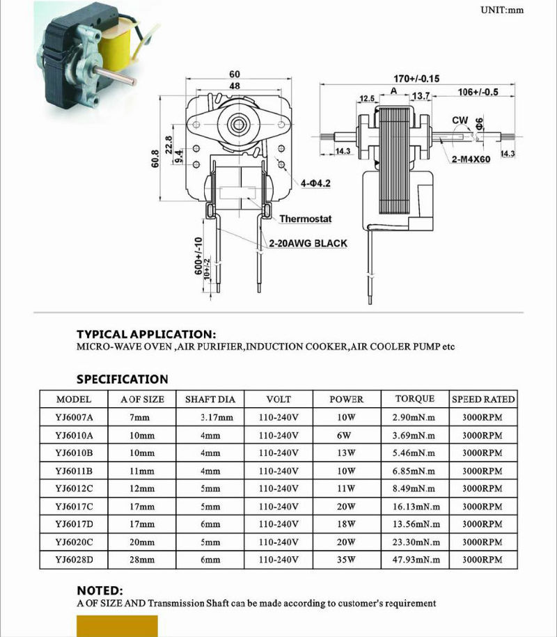 Yj60 Shaded Pole Fan Motor for Airfryer/Cross Fan Motor/Heater/Air Cooling Fan