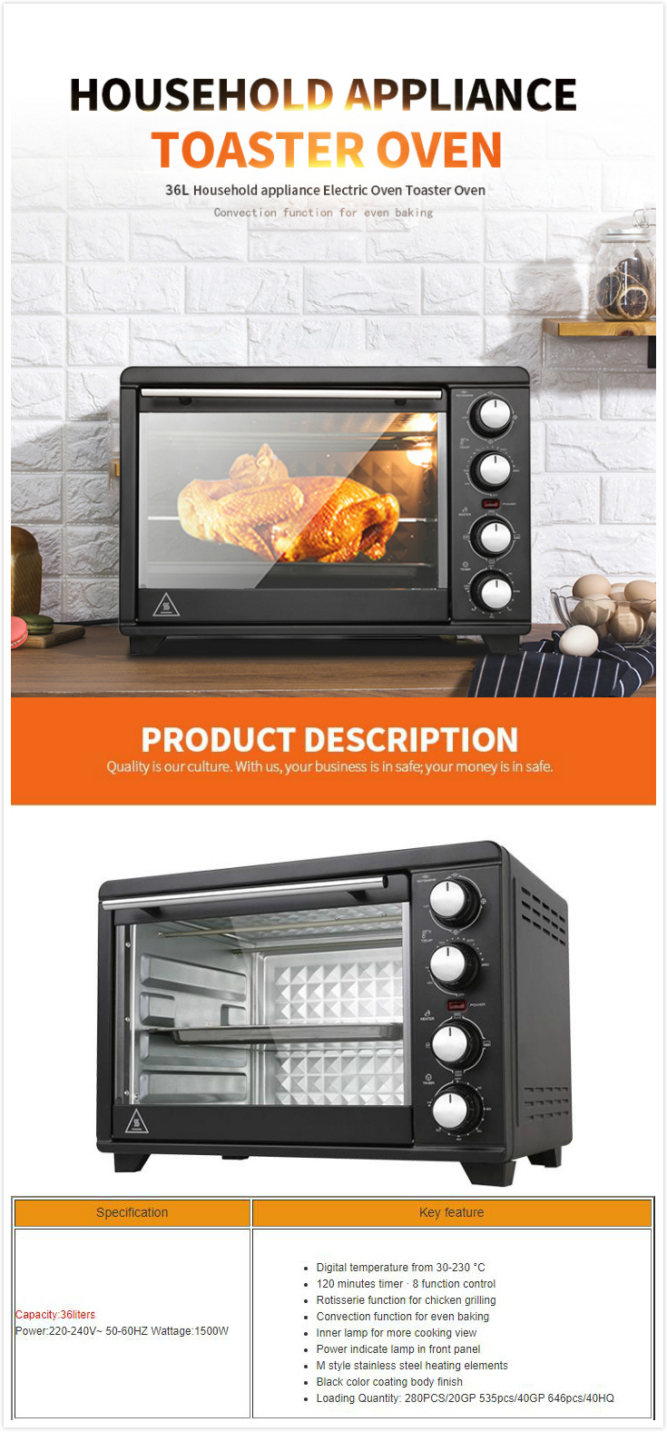 Small Countertop Oven 36L 30-230 Degree Electric Convection Oven Home Baking Toaster Electric Oven