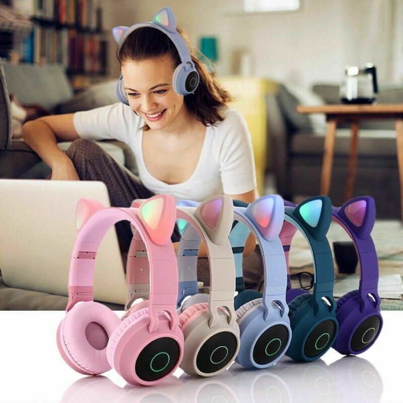 Bluetooth Headset Cat Ear Headphones Wireless LED Lights Earphone Kids Adults