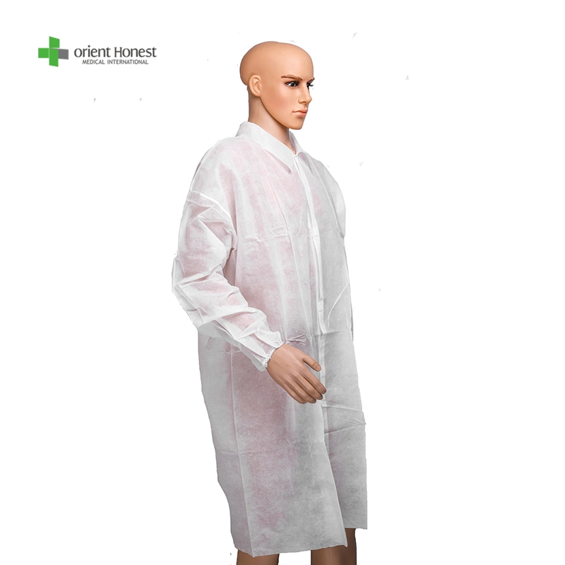 Knitted Collar Disposable Visitor Clothing Professional Manufacturer Non-Woven Disposable Lab Coat with Pockets