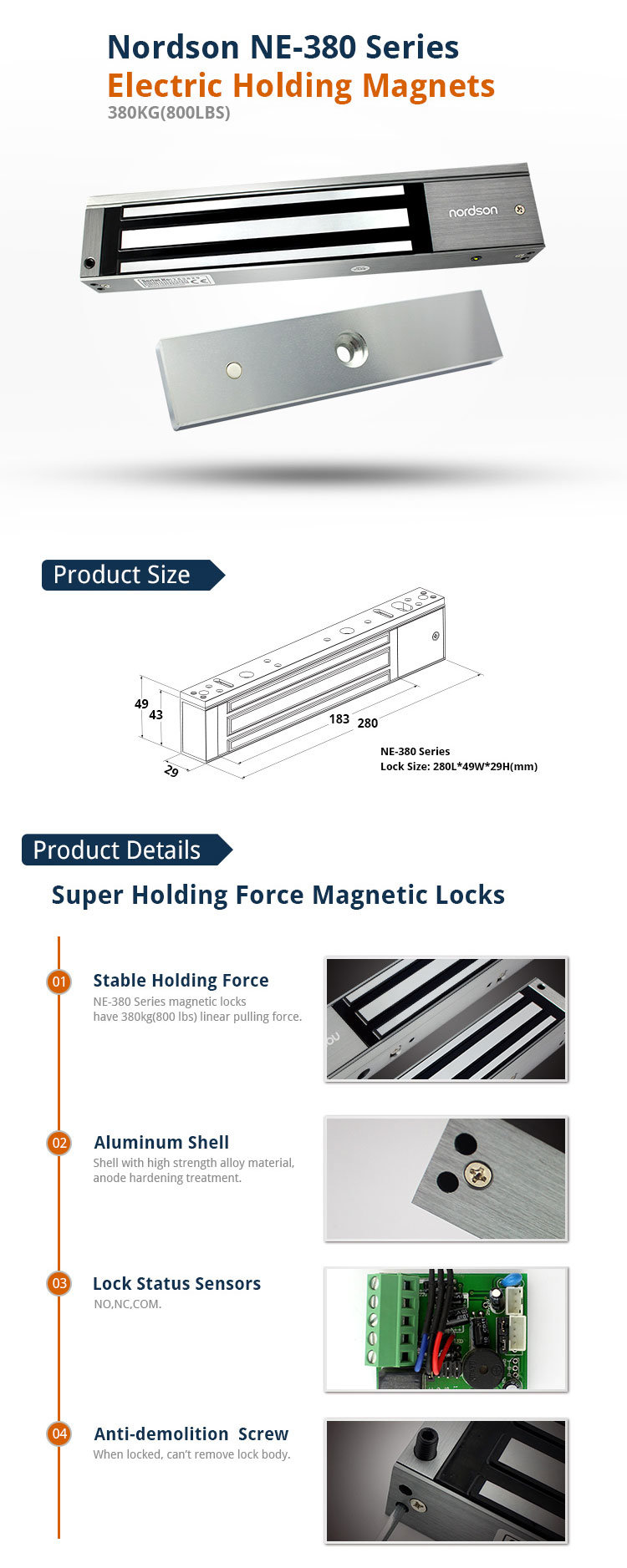 380kg/800lbs DC12V or DC24V Power to Lock Fail-Safe Access Cotrol Magnetic Door Lock for Sliding Door