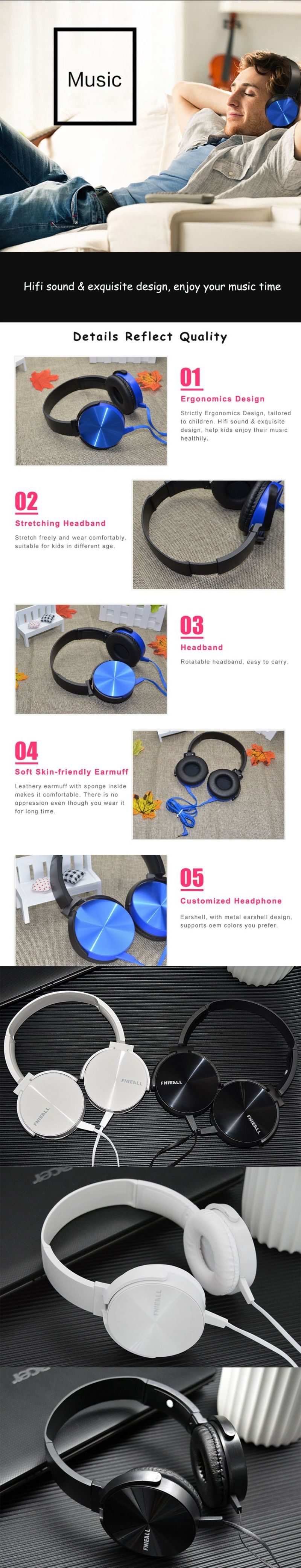 Fashion and High Quality Cord Wired Headphones with Microphones