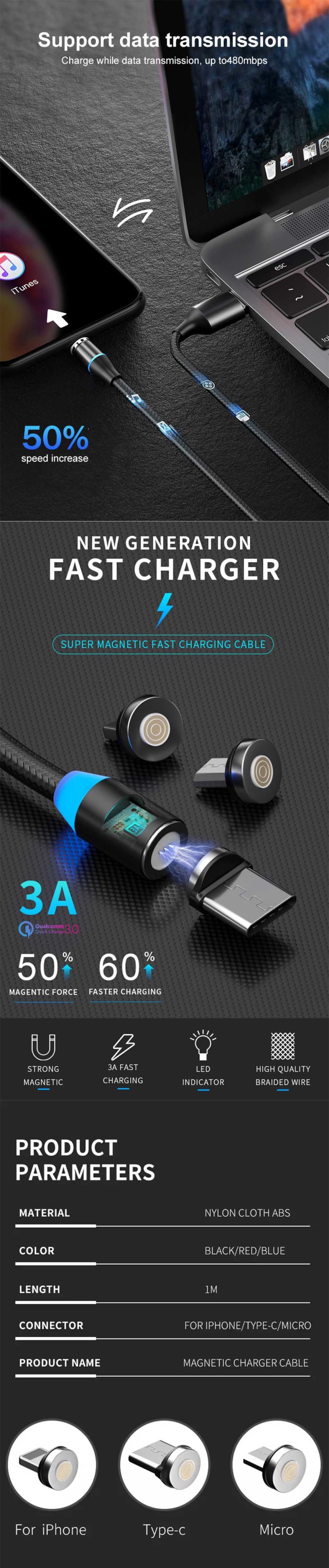 Rt-Mc9 3A Fast Charging Magnetic Data Transfer 3 in 1 Magnet USB Cable