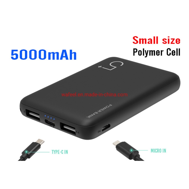 Small Size Portable 5000mAh Powerbank with Dual USB Port Micro Type-C Input