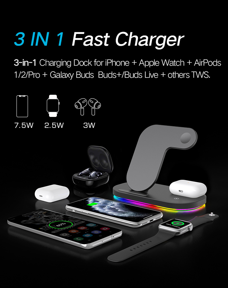 3 in 1 Universal Qi Wireless Charger Stand 15W Fast Charger with Running Water Light