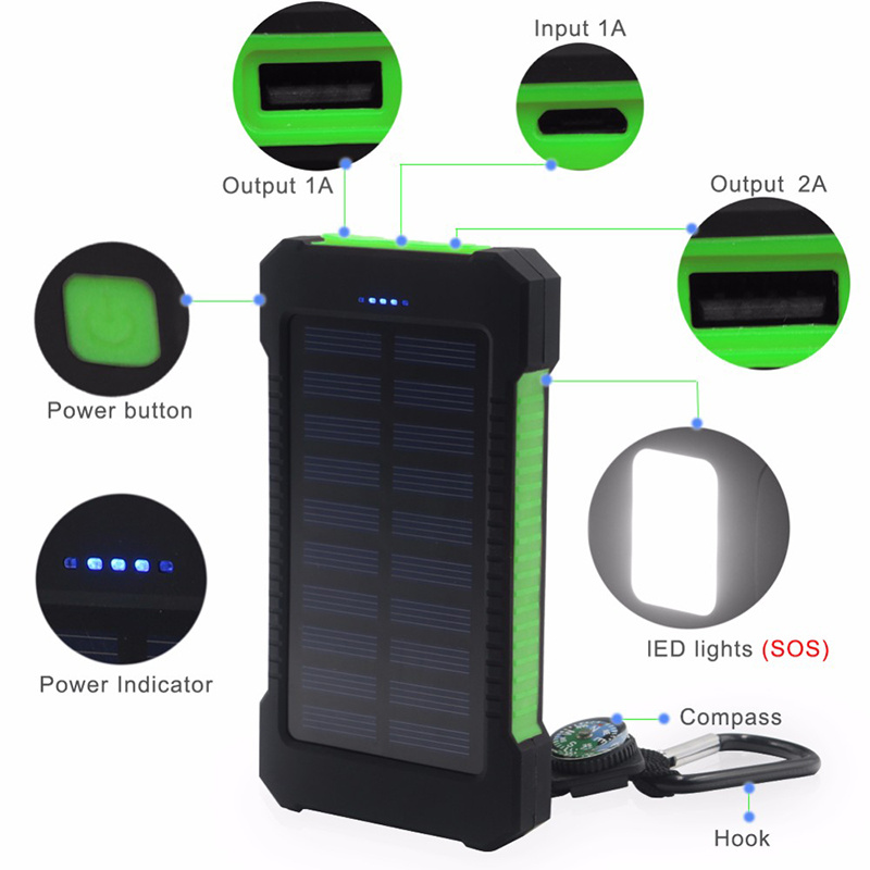 Solar Power Bank Waterproof 10000mAh Solar Charger 2 USB Ports External