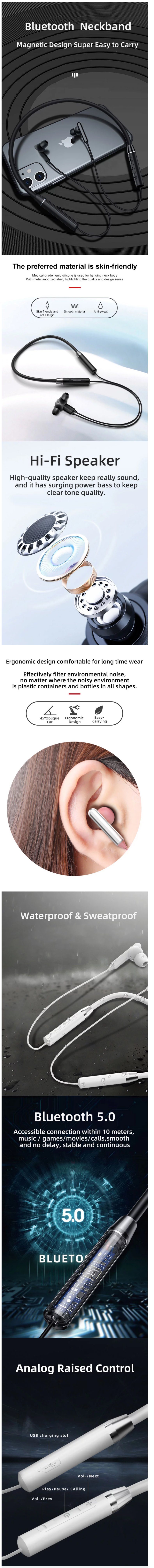 Sport Neckband Flexible Headphones in-Ear Bluetooth Headphone Neckband Wireless Earphone