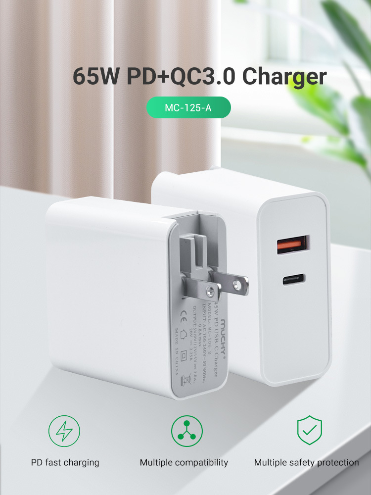 65W Pd Charger QC3.0 Dual Ports Mobile Phone Charger