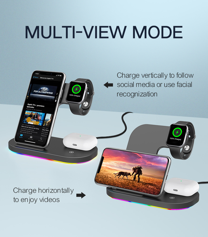 3 in 1 Universal Qi Wireless Charger Stand 15W Fast Charger with Running Water Light
